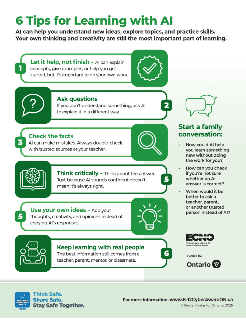 Image of infographic titled "6 Tips for Learning with AI"