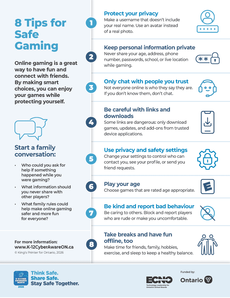 Image of infographic titled "8 Tips for Safe Gaming"
