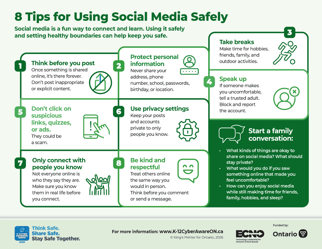 Image of infographic titled "8 Tips for Using Social Media Safely"