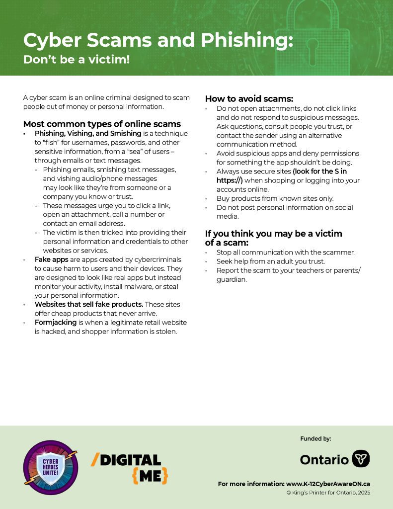 Image of Infosheet titled "Cyber Scams and Phishing"