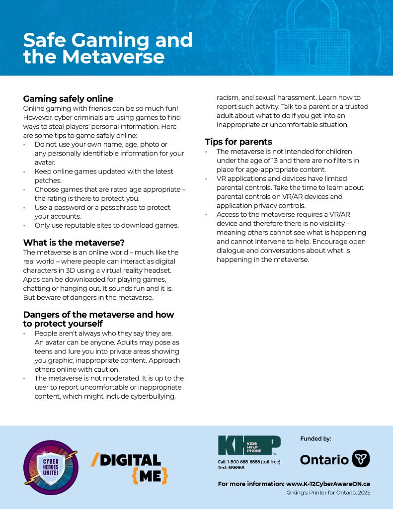 Image of Infosheet titled "Safe Gaming and the Metaverse"
