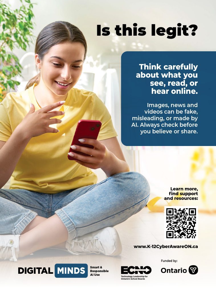 Image of poster that reads "Is this legit? Think carefully about what you see, read, or hear online. Images, news and videos can be fake, misleading, or made by AI. Always check before you believe or share."