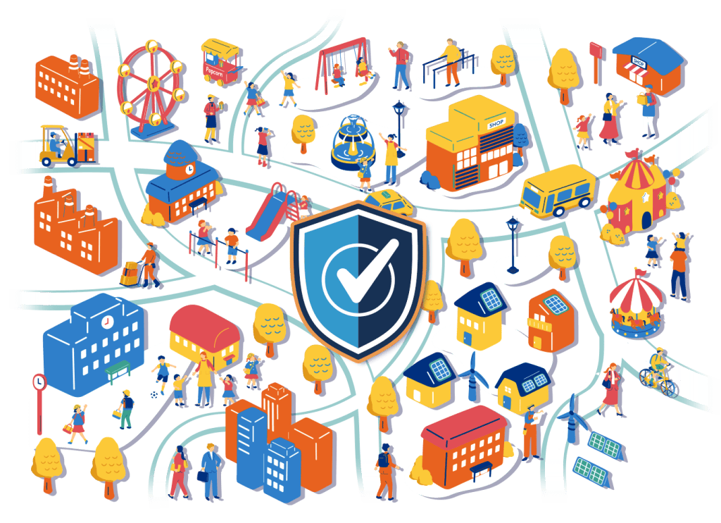Graphic for K-12 Zone of a city illustration surrounding a checkmark in a shield.